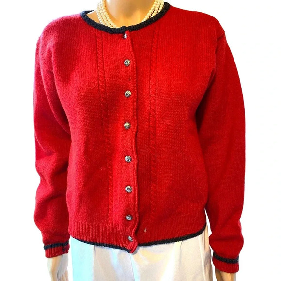 Limited 100% Wool Red Black Trim Sweater Cardigan Button Front Knit Women Size S - Picture 1 of 7